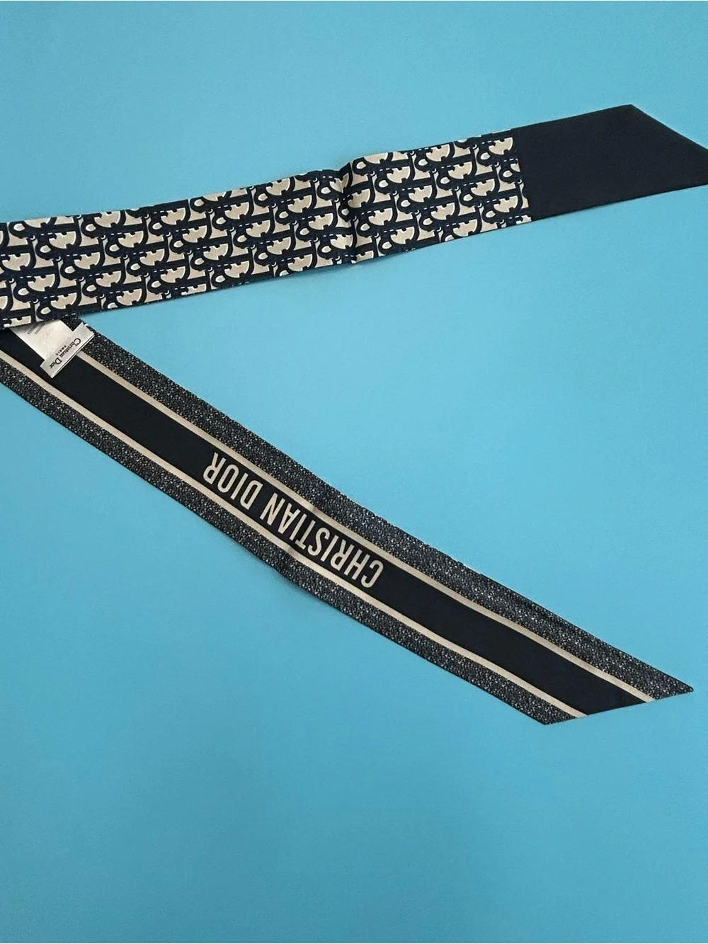 Dior Navy and Cream Logo Skinny Silk Scarf-Tie